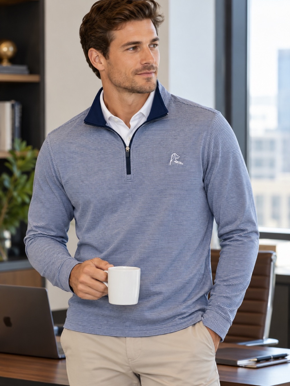 Rhoback Riva Heather Stripe Performance Q-Zip Fleet Navy Golf Pullover Size S